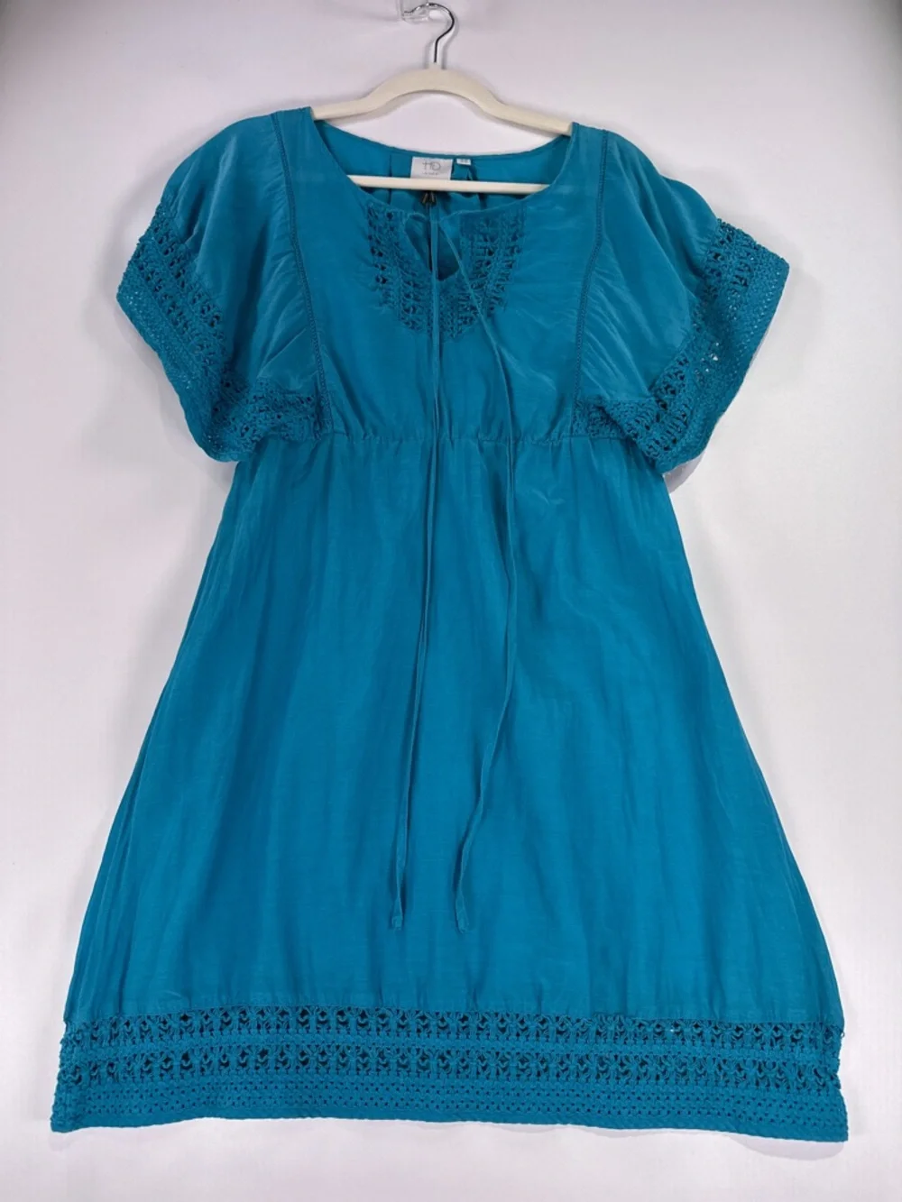 Anthropologie HD in Paris Stone Harbor Teal Silk Cotton Crochet Tunic Dress 2 - Picture 2 of 9
